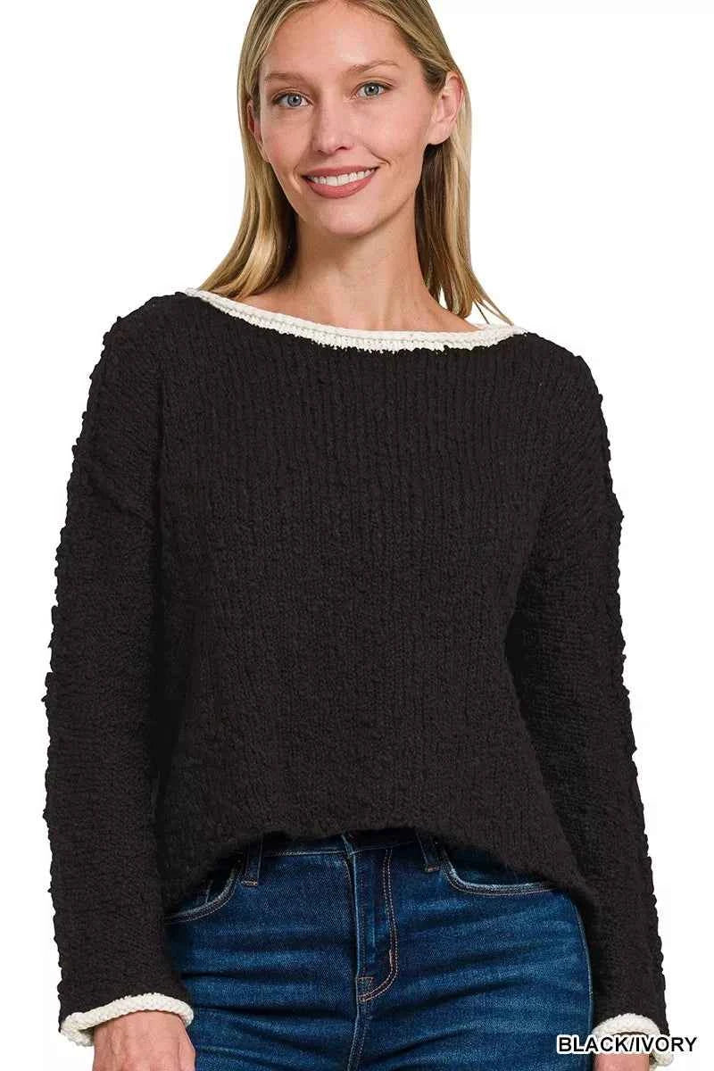 Zenana Contrast Trim Cropped Sweater
