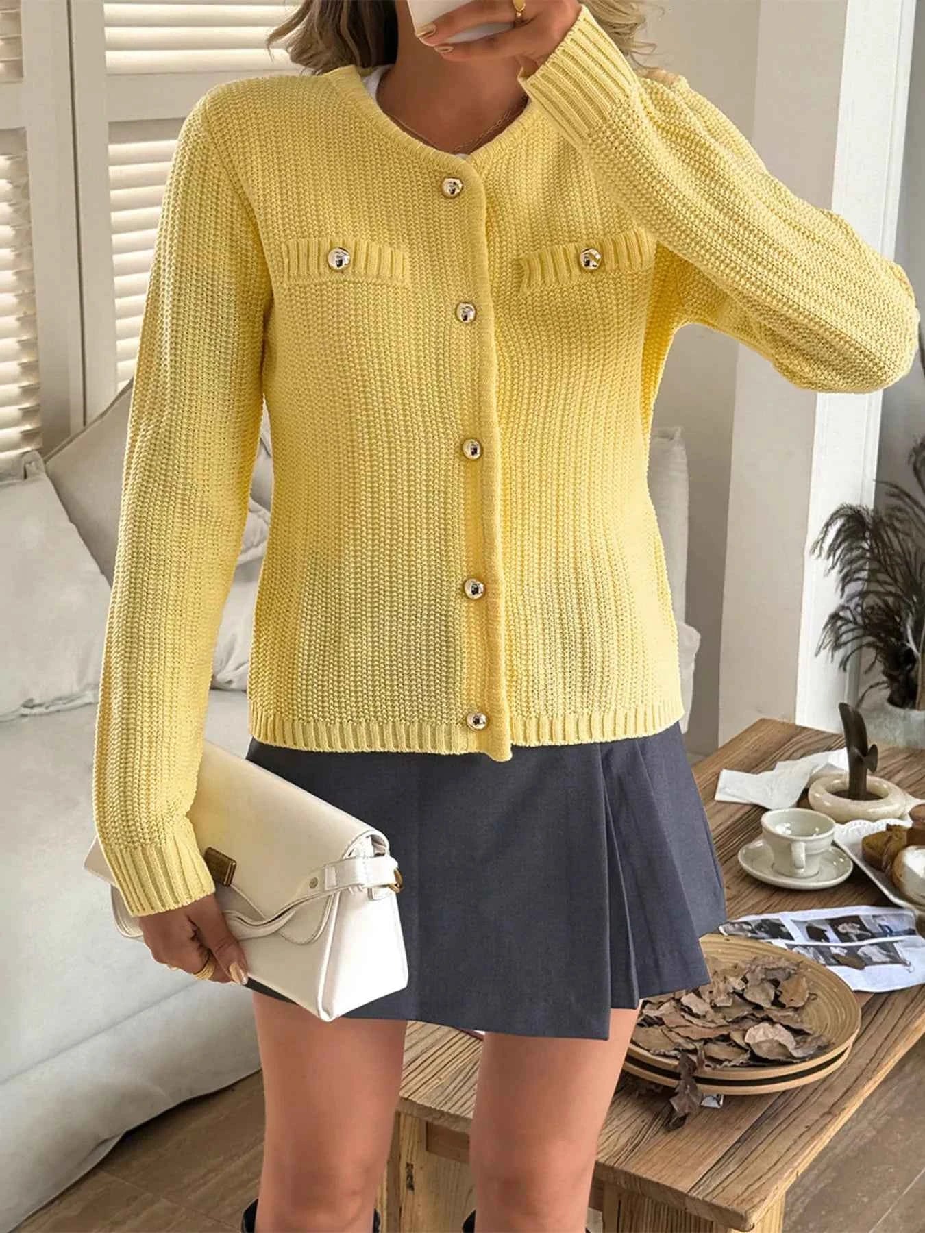 Button-Front Ribbed Long Sleeve Cardigan Yellow ea82f922e64c46b2bbd54abac209ca13-Max-Origin
