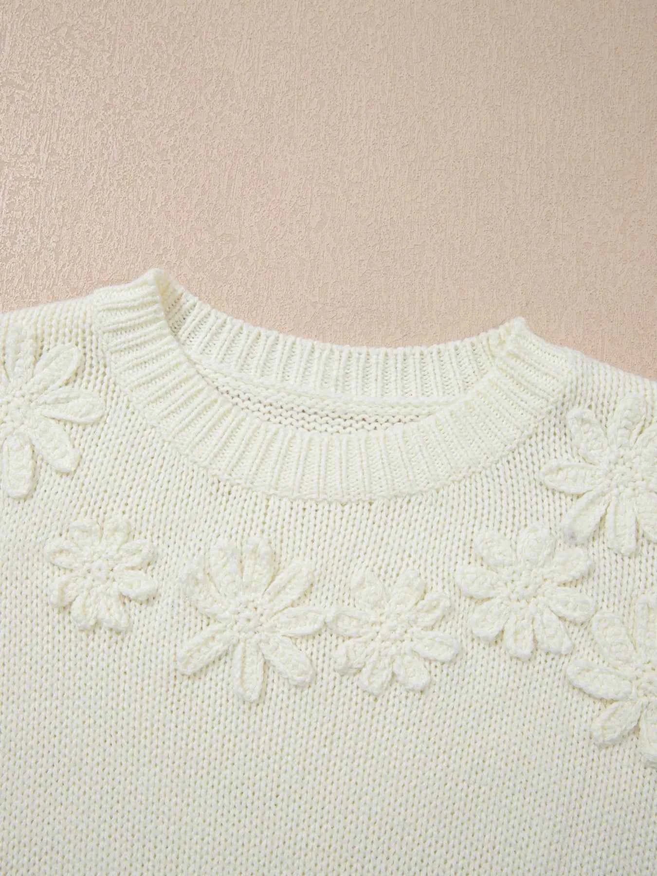 Flower Detail Round Neck Contrast Textured Puff Sleeve Sweater ea9b14b08be64953b651851dd3b33fa2-Max-Origin