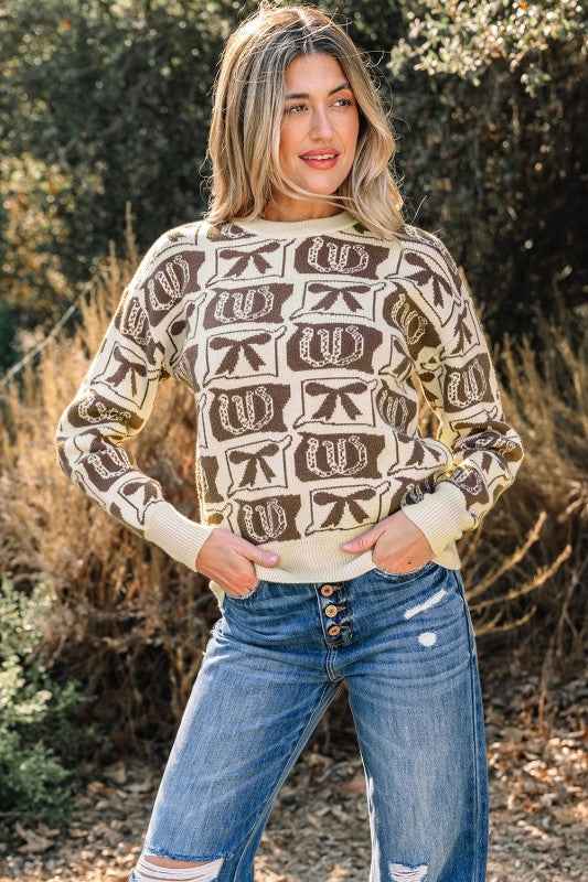 Western Bows & Horseshoes Long Sleeve Sweater eac95639-2ecb-451e-b44c-cb4d26084d47