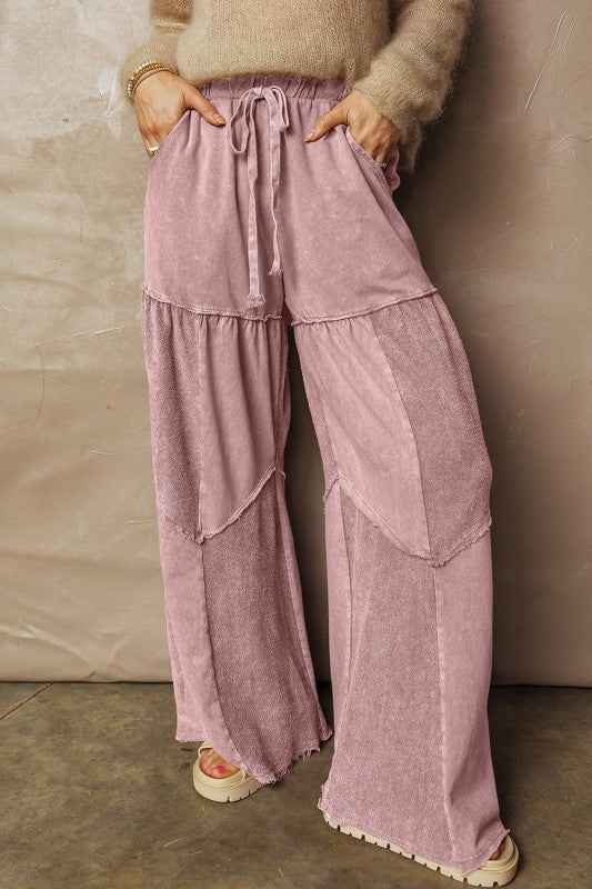 Mineral Wash Patchwork Tiered Wide Leg Pants eae0f6c0-3764-4fca-821c-cf45522c8906
