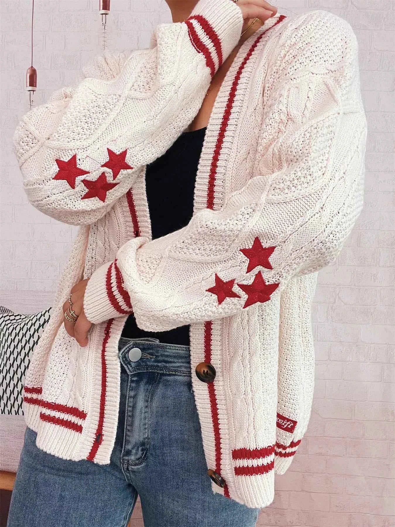 Star Pattern Button-Up Cardigan with Contrast Trim eb4f39d5fccd44fc8524749b262c6e9c-Max-Origin
