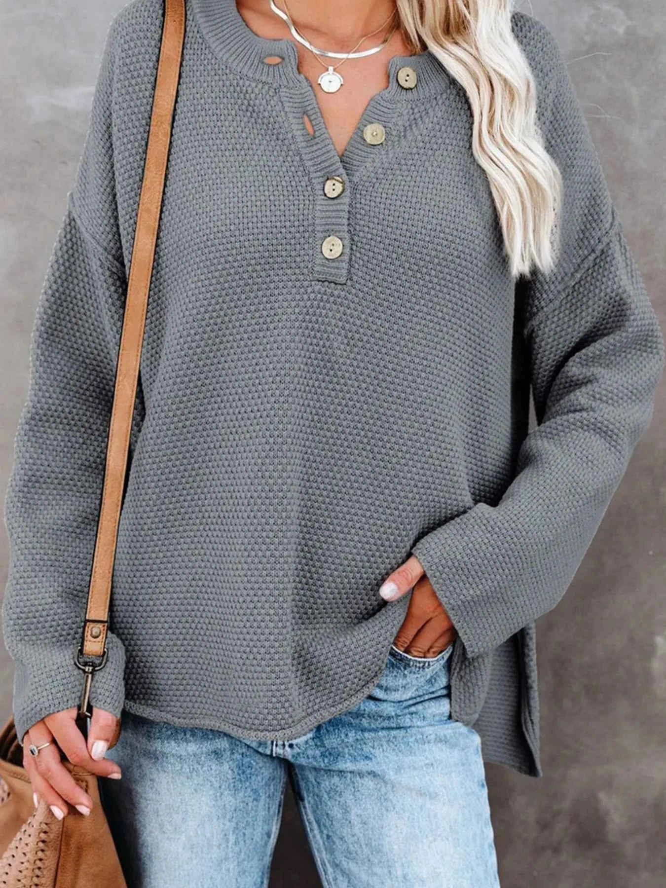 Button Detail Long Sleeve Knit Top Gray eb93ad2e120b48dd8d54f71fe6b4834d-Max-Origin