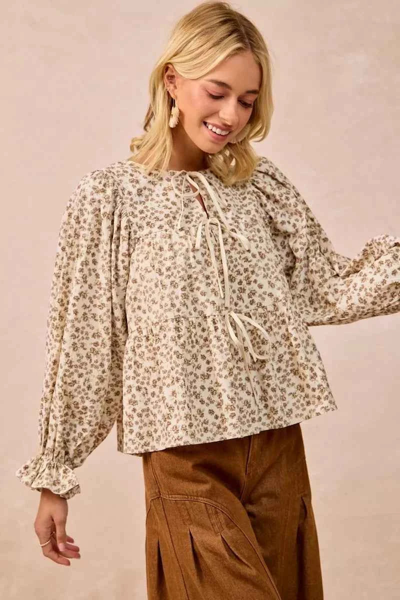 BiBi Floral Printed Peplum Blouse with Shirring and Tied ebc3feeee74541f0b5003b06c9991120-Max-Origin