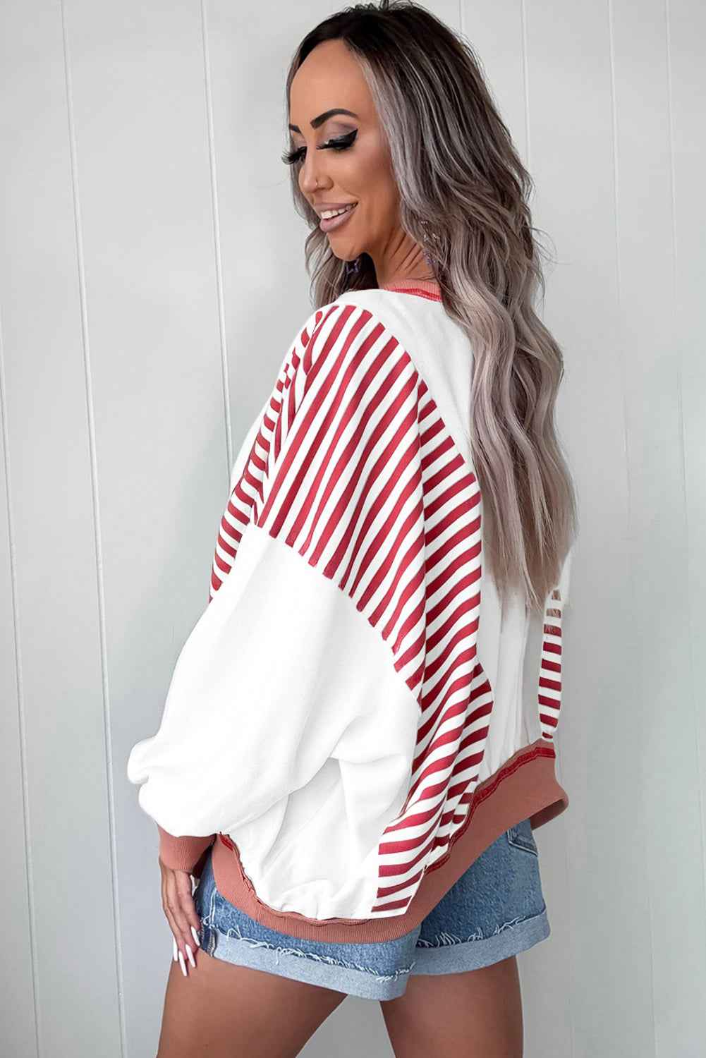 Red Stripe Colorblock Patchwork Stitching Detail Plus Size Sweatshirt ebd79a0eab1406fb