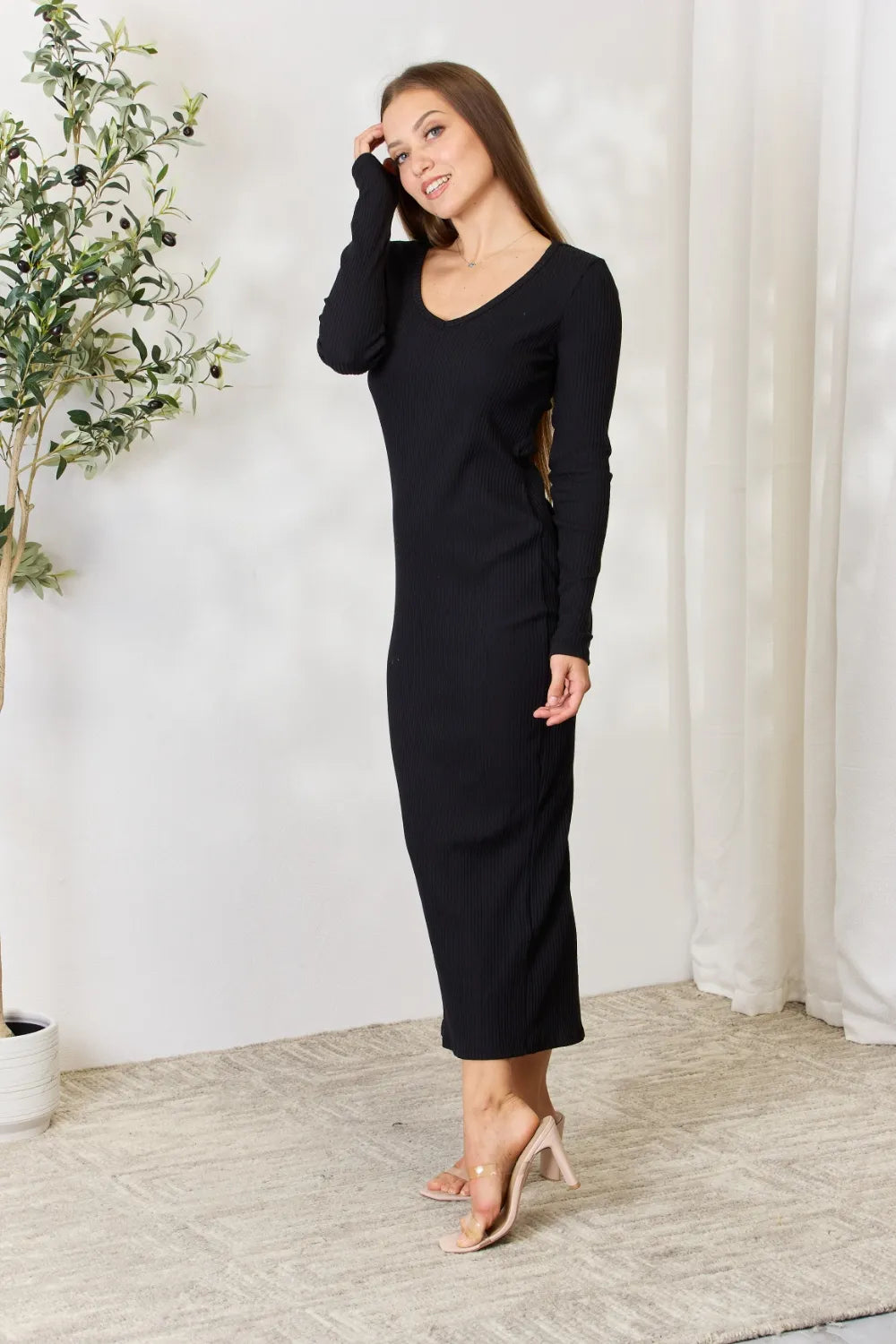 Culture Code Full Size Ribbed Long Sleeve Midi Slit Dress ec1d60e9e92d4b84991307e254d15656-Max