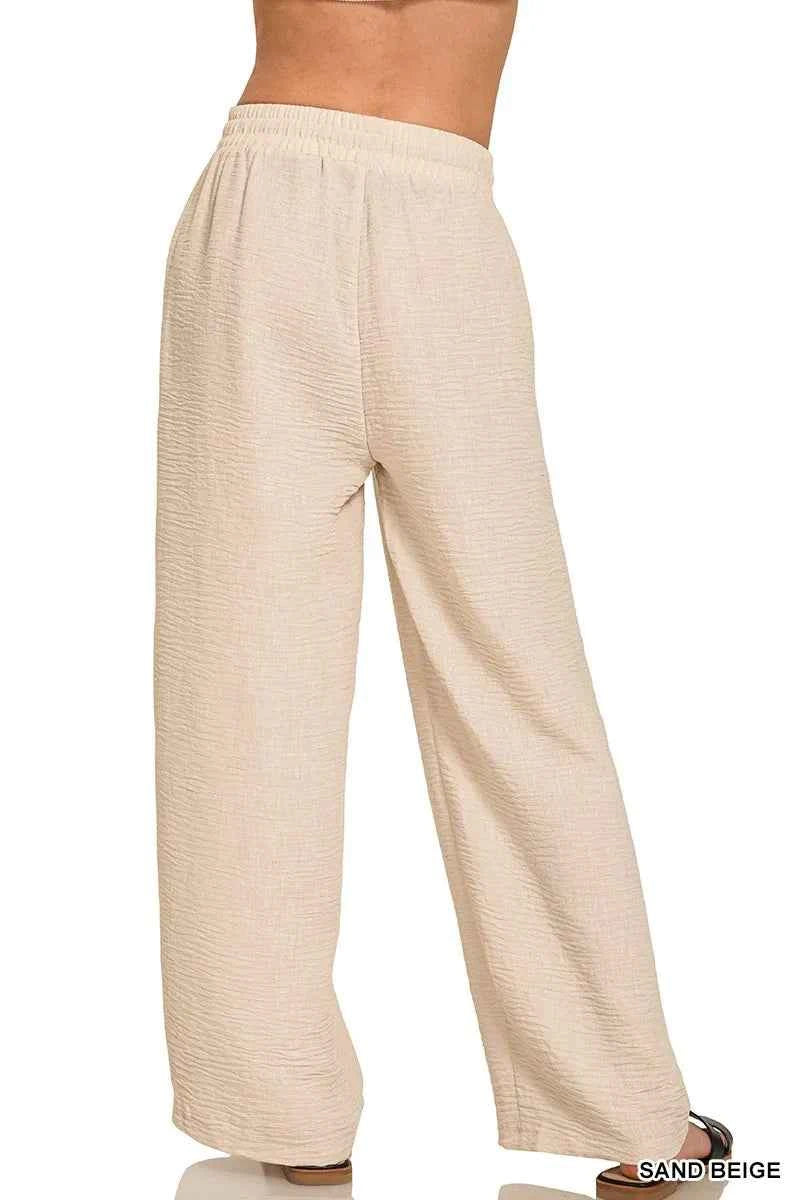 Zenana Woven Crepe Elastic Band Pants ec4004ba6ef14e5fbd63b3cdf8f8a2d6-Max-Origin
