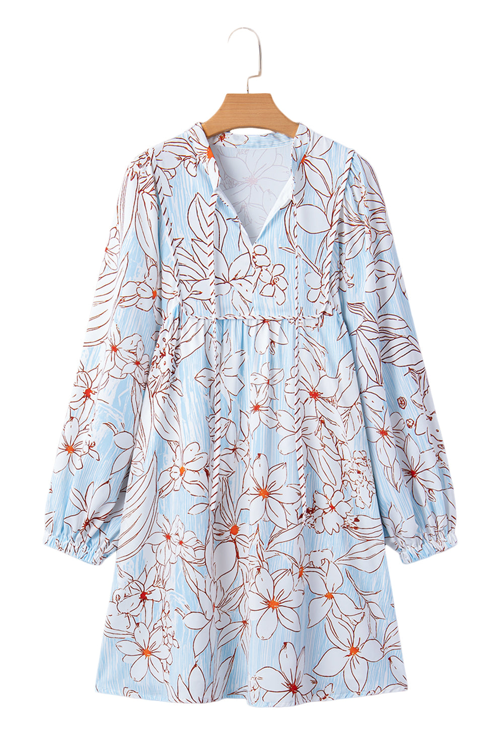 Brown Floral Print Tie Neck Long Sleeve Mini Dress ec91e17a8f75c7d4