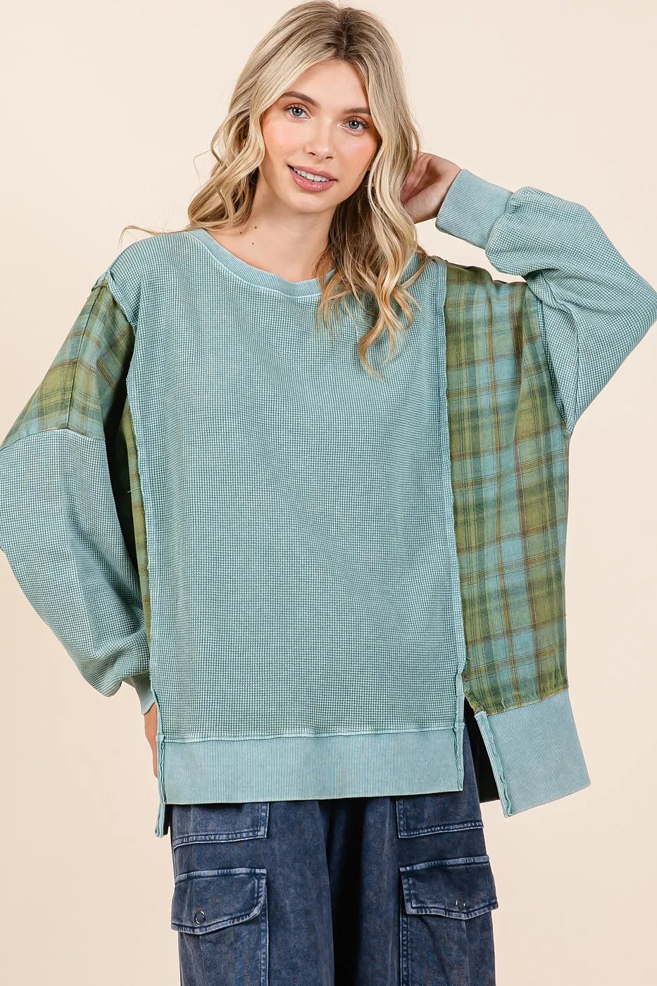 Mittoshop Plaid Panel Mineral Wash French Terry Sweatshirt ec9ed2502ba448a682d8c3455c361fac-Max-Origin