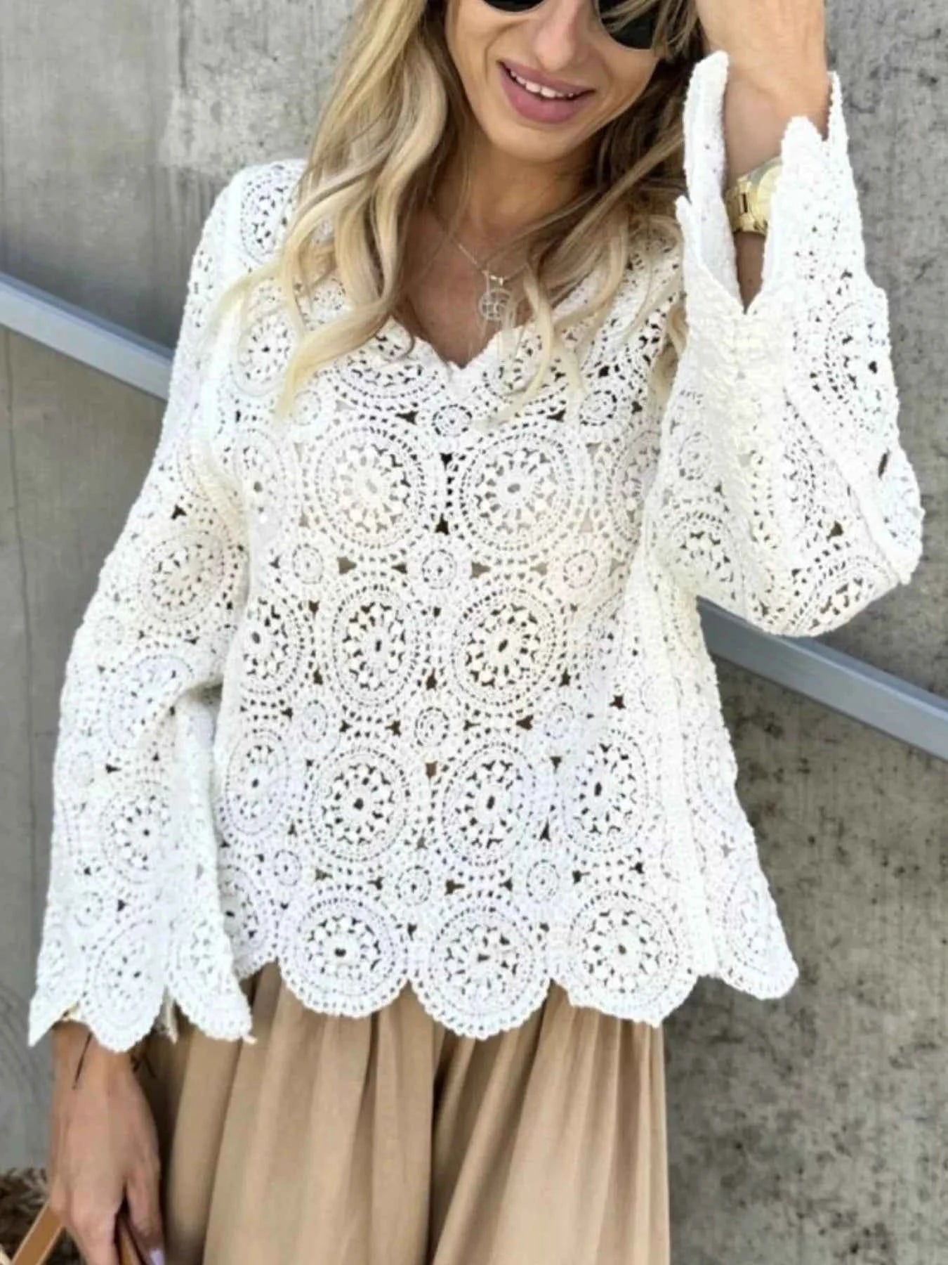 Crochet Lace V-Neck Bell Sleeve Knit Top ece2ac28-0674-4a84-a0ec-4c642eae8823-Max-Origin
