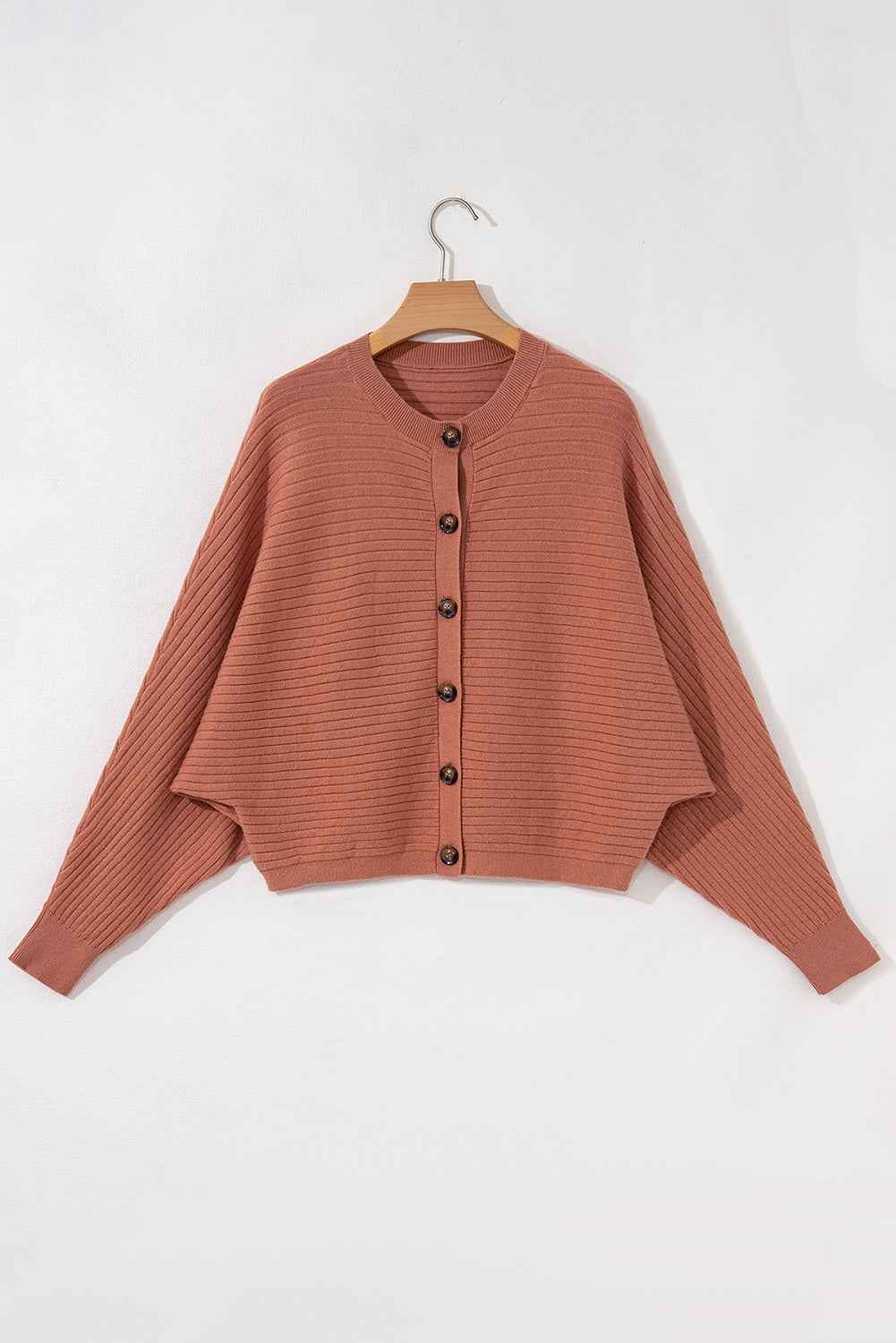 Apricot Pink Rib Knit Button Front Dolman Sleeve Cardigan ecf84dfabb0eff33