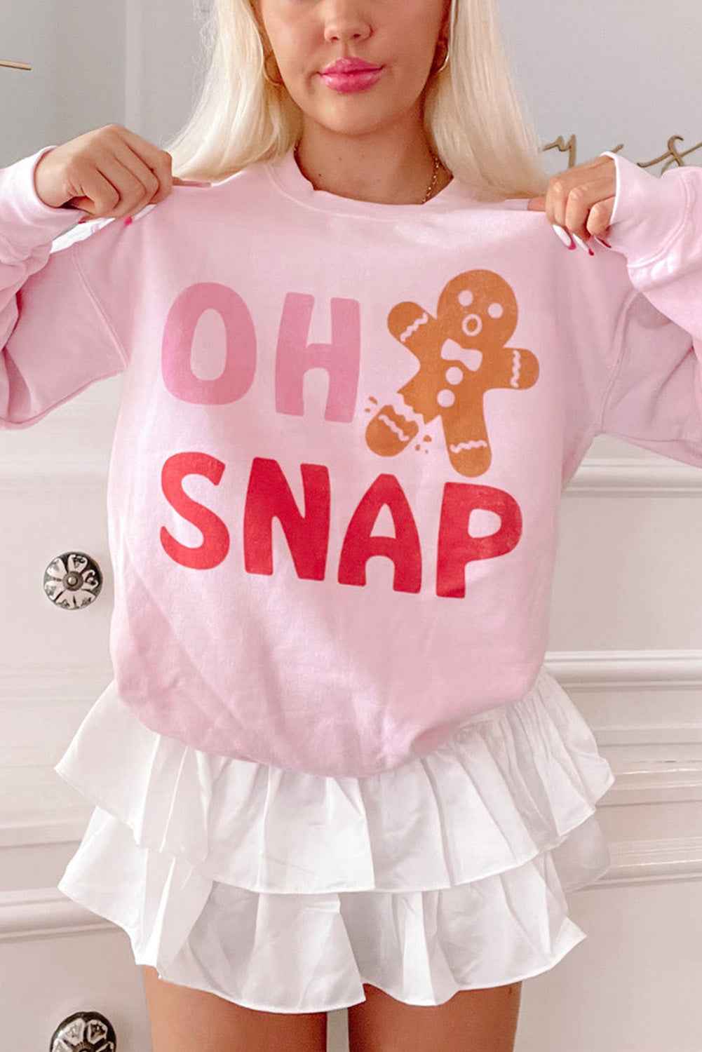 Pink Christmas OH SNAP Gingerbread Man Heat Transfer Printing Graphic Sweatshirt ed00587023618212