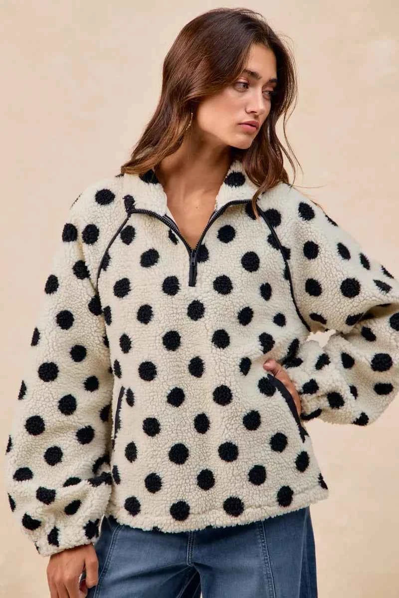 BiBi Polka Dot Sherpa Half Zip Up Top with Side Pocket ed3ddaf4-6158-4455-bcb0-0b23bc851645-Max-Origin