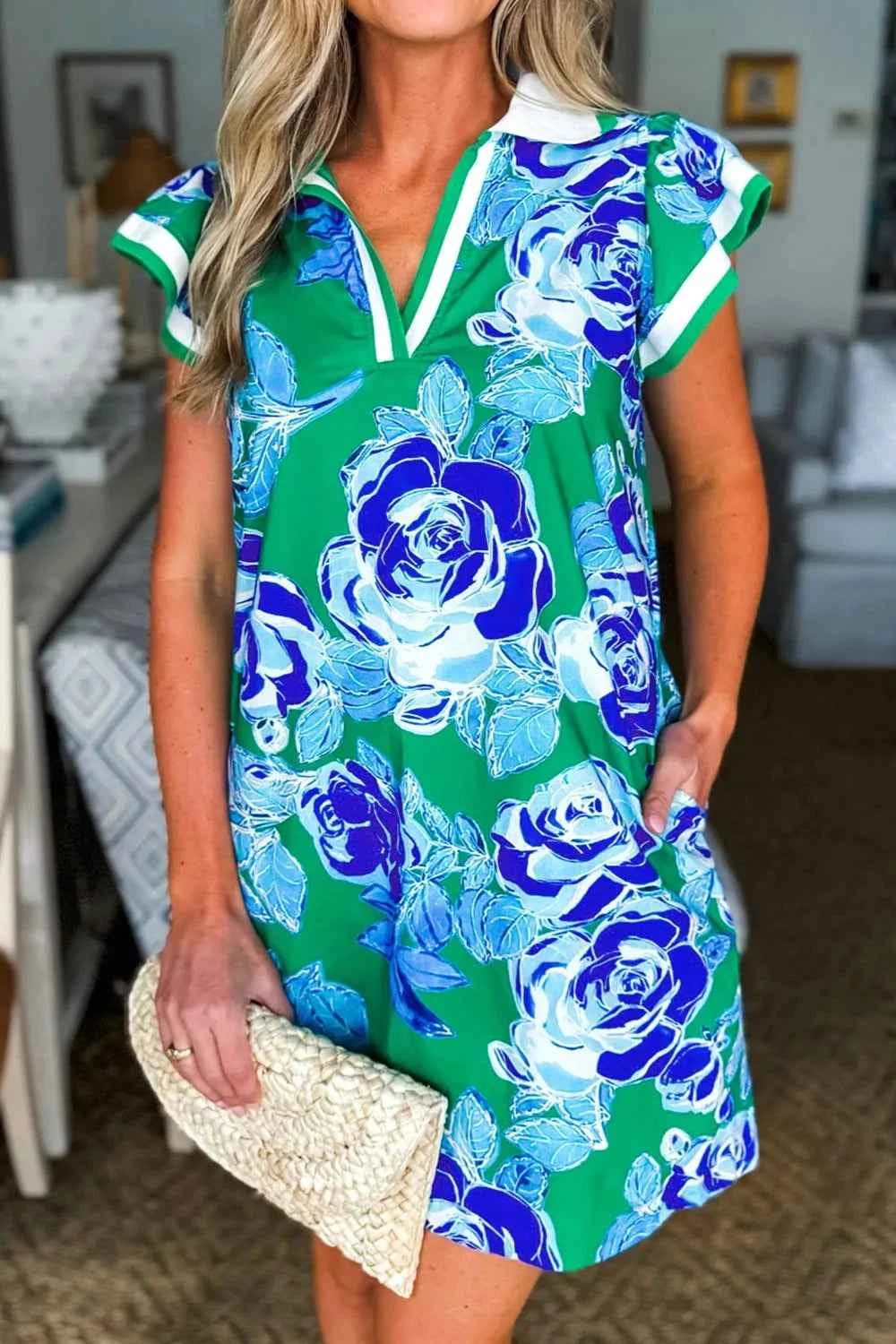 Printed Ruffled Sleeve Mini Dress Blue ed3fb1c3-5328-4a3f-b67a-7df8b83d3d87-Max-Origin