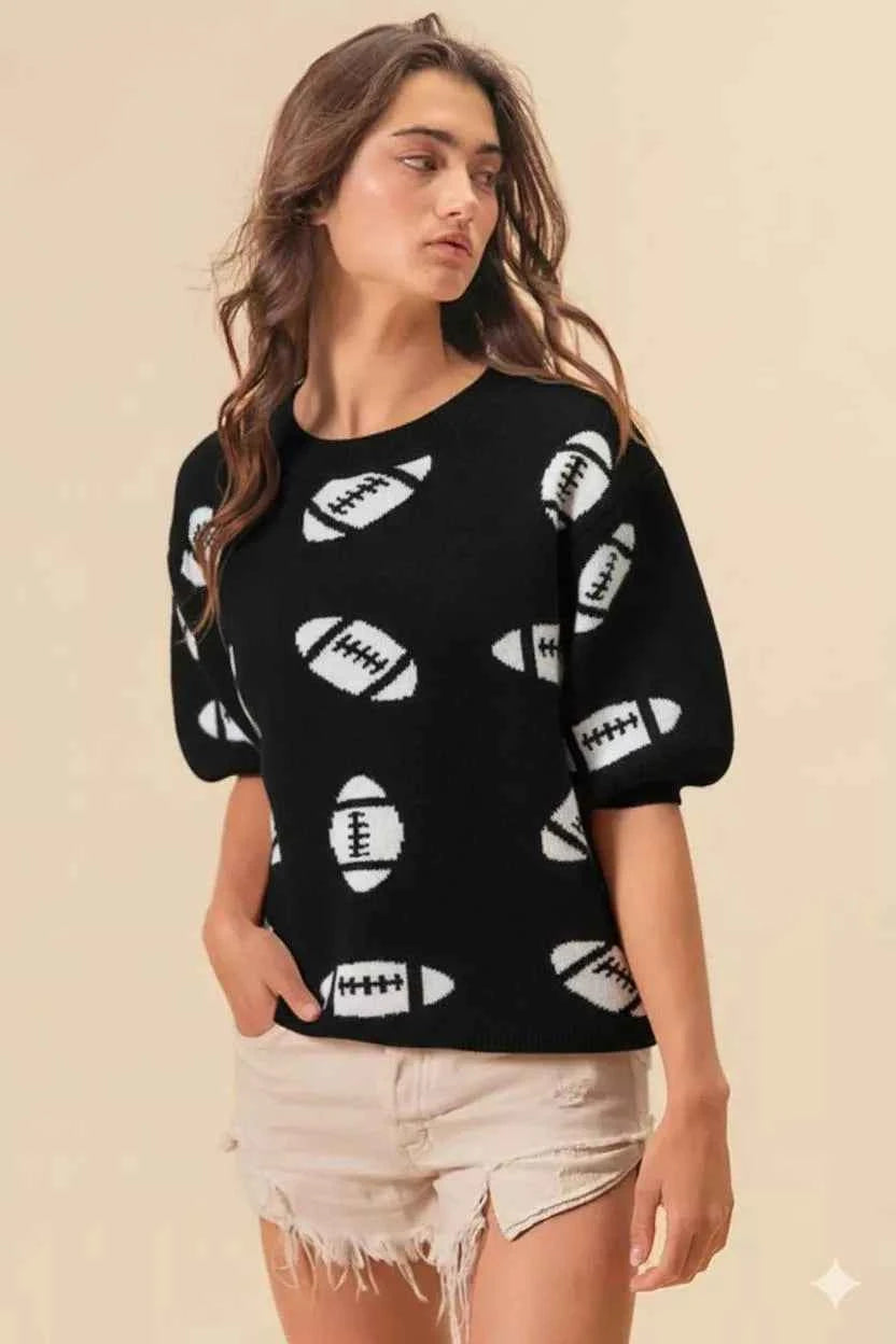 BiBi Football Pattern Short Sleeve Sweater BLACK IVORY ee6e42aa-932d-4a19-b724-ade78b0f5de0-Max-Origin