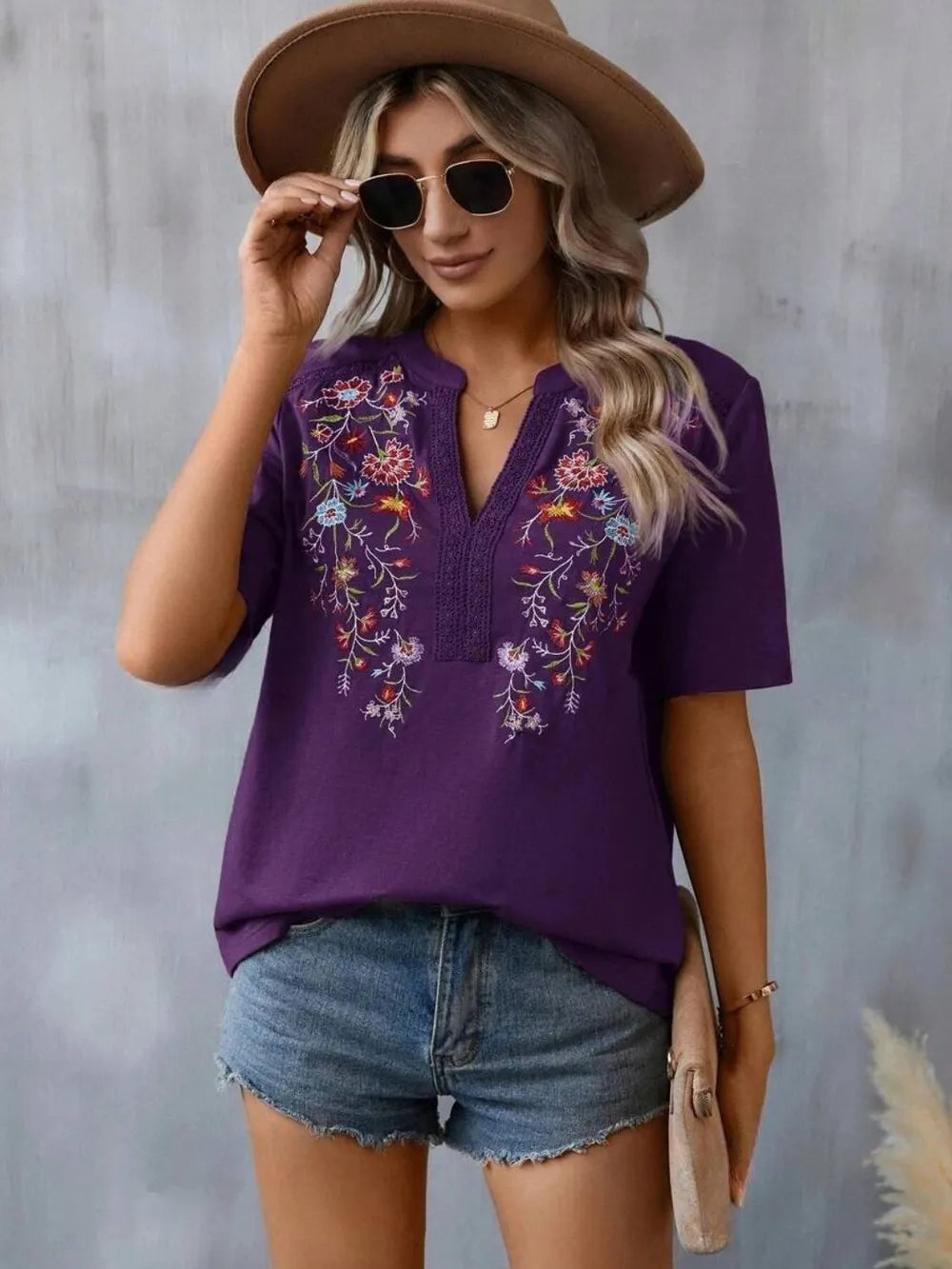 Embroidered Notched Short Sleeve T-Shirt Violet ee8a5652-82f9-42d4-b17b-d03ff52427e3-Max