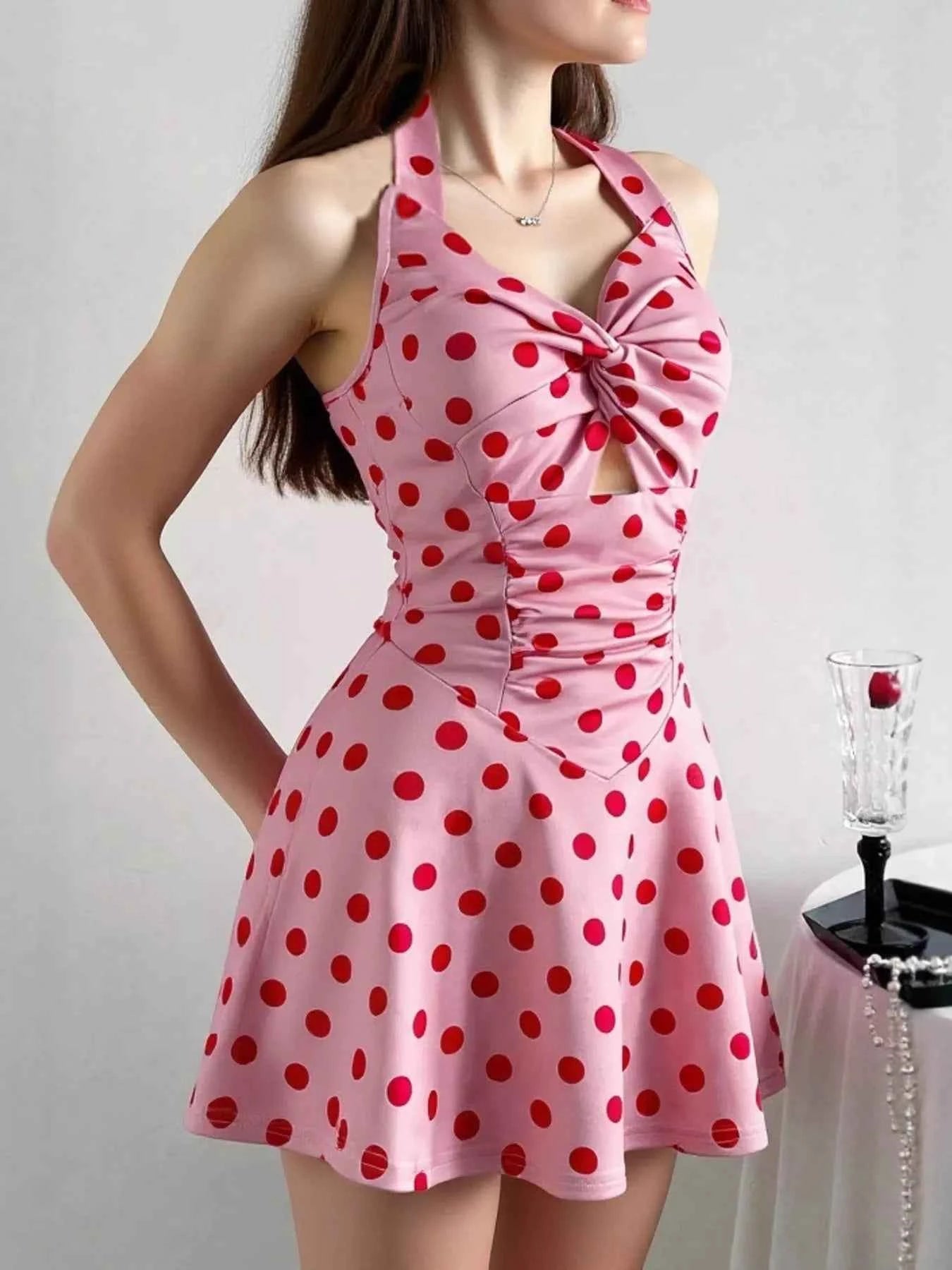 Polka Dot Halter Neck Twisted Front Mini Dress eeac46b6b9af4b96947cee3d2f4e6d68-Max-Origin