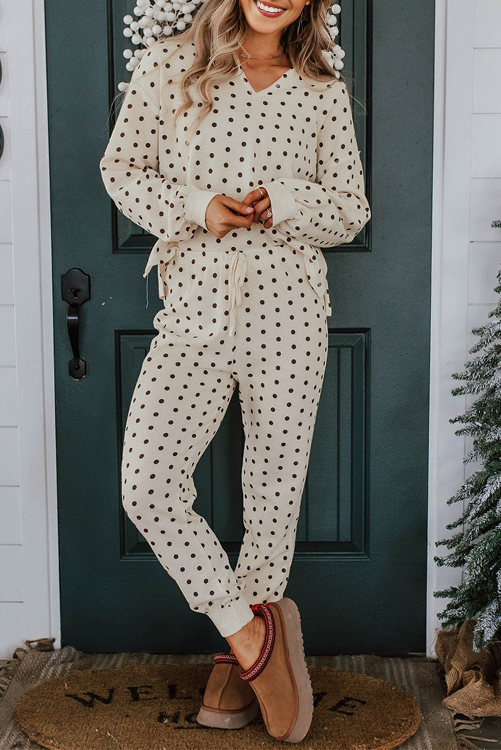 White Polka Dot Print Pullover Drawstring Jogger Pants Pajama Set eeb506d326b30dd8