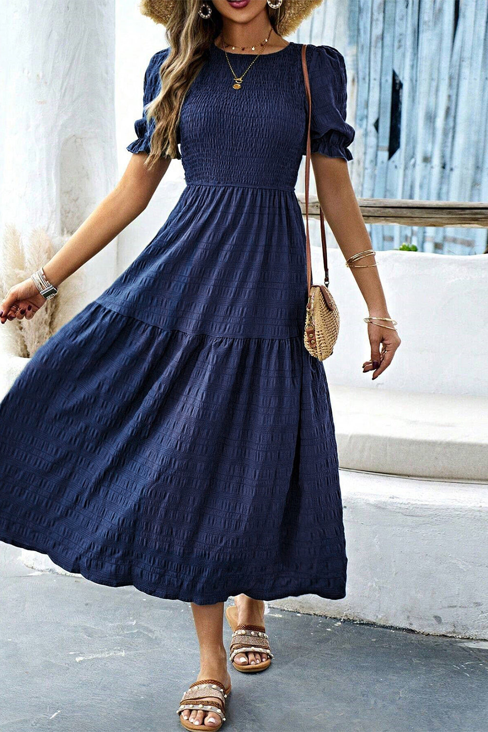 Sail Blue Solid Textured Smocked High Waist Midi Dress eeb7abd45b081baa