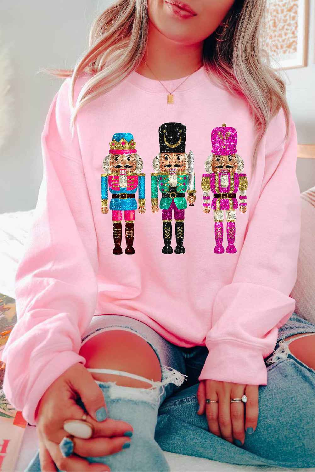 Pink Cute Nutcracker Heat Transfer Printing Graphic Drop Shoulder Christmas Sweatshirt Pink 50%Polyester+50%Cotton eec0764de15d608f