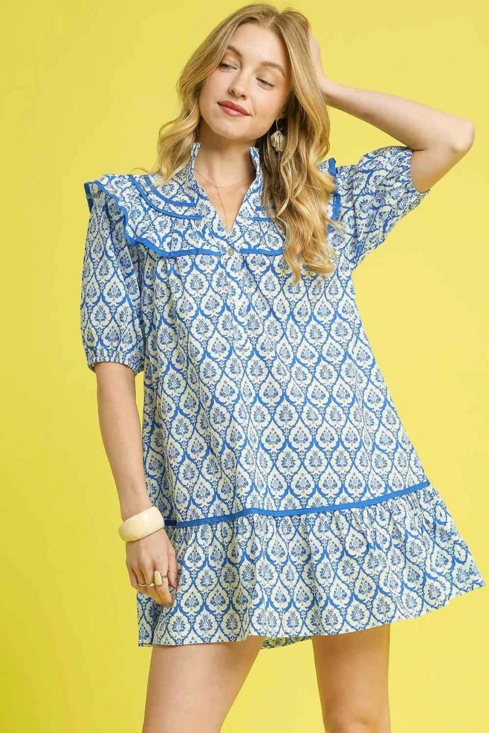 Umgee Ruffled Printed Puff Sleeve Mini Dress Blue eef836df-3053-4892-ae8c-9602269a3aed-Max-Origin