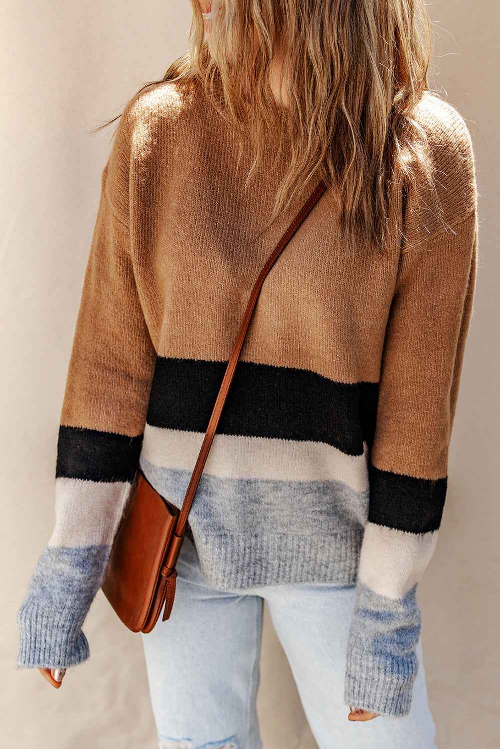 Brown Casual Striped Colorblock Ribbed Knit Sweater Brown 70%Acrylic+26%Polyamide+4%Elastane ef3dff0bef35f2d5