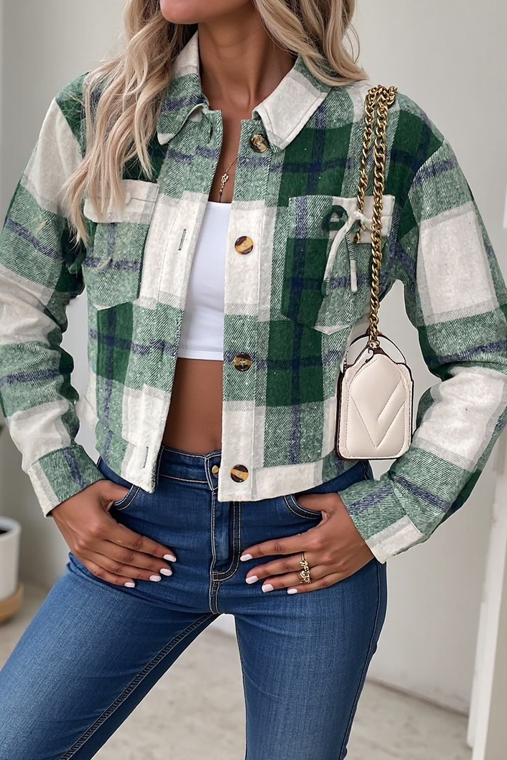 Green Plaid Flap Pocket Cropped Shacket ef5eaadb2c17826e