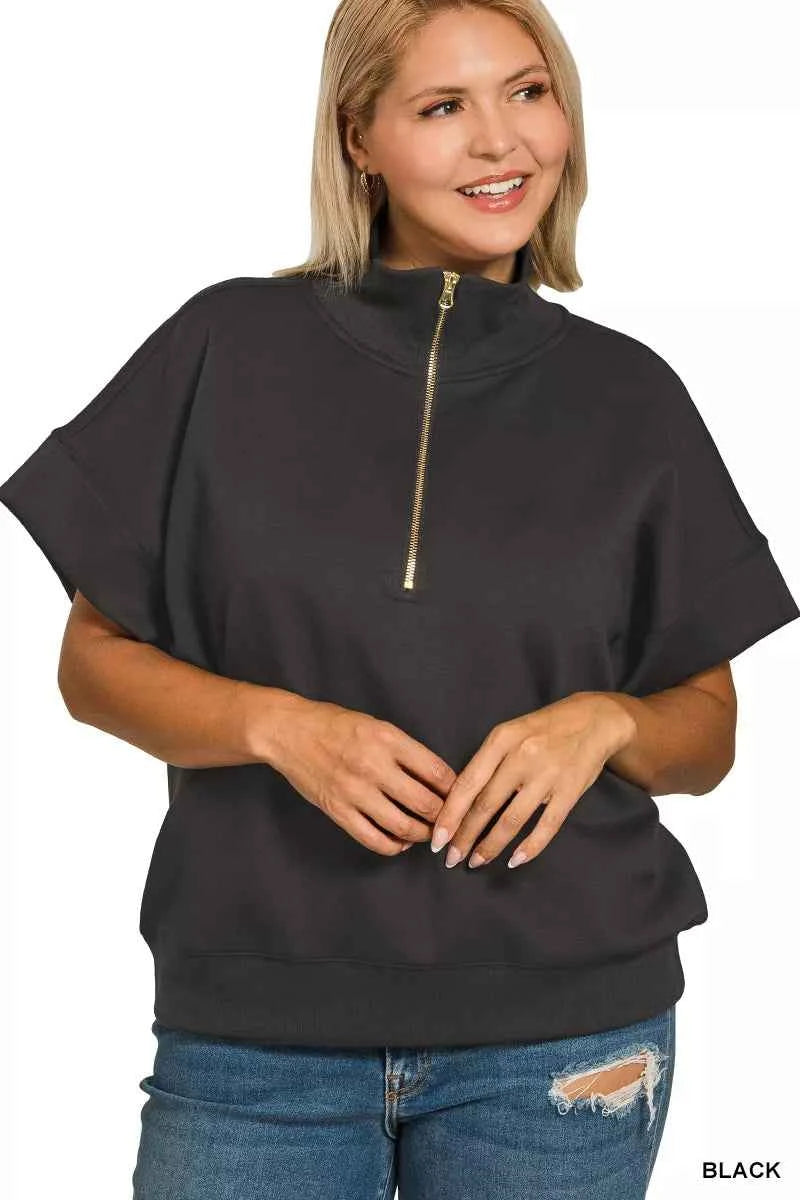 Zenana Full Size Scuba High Neck Half Zip Short Sleeve Top Plus Size ef750387-45e5-43ab-92f9-4ad5aa9403b4-Max-Origin