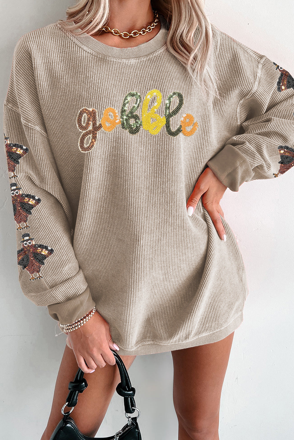 Smoke Gray gobble Turkey Sleeve Sequins Patch Corded Baggy Sweatshirt ef814ac8e79e90ed