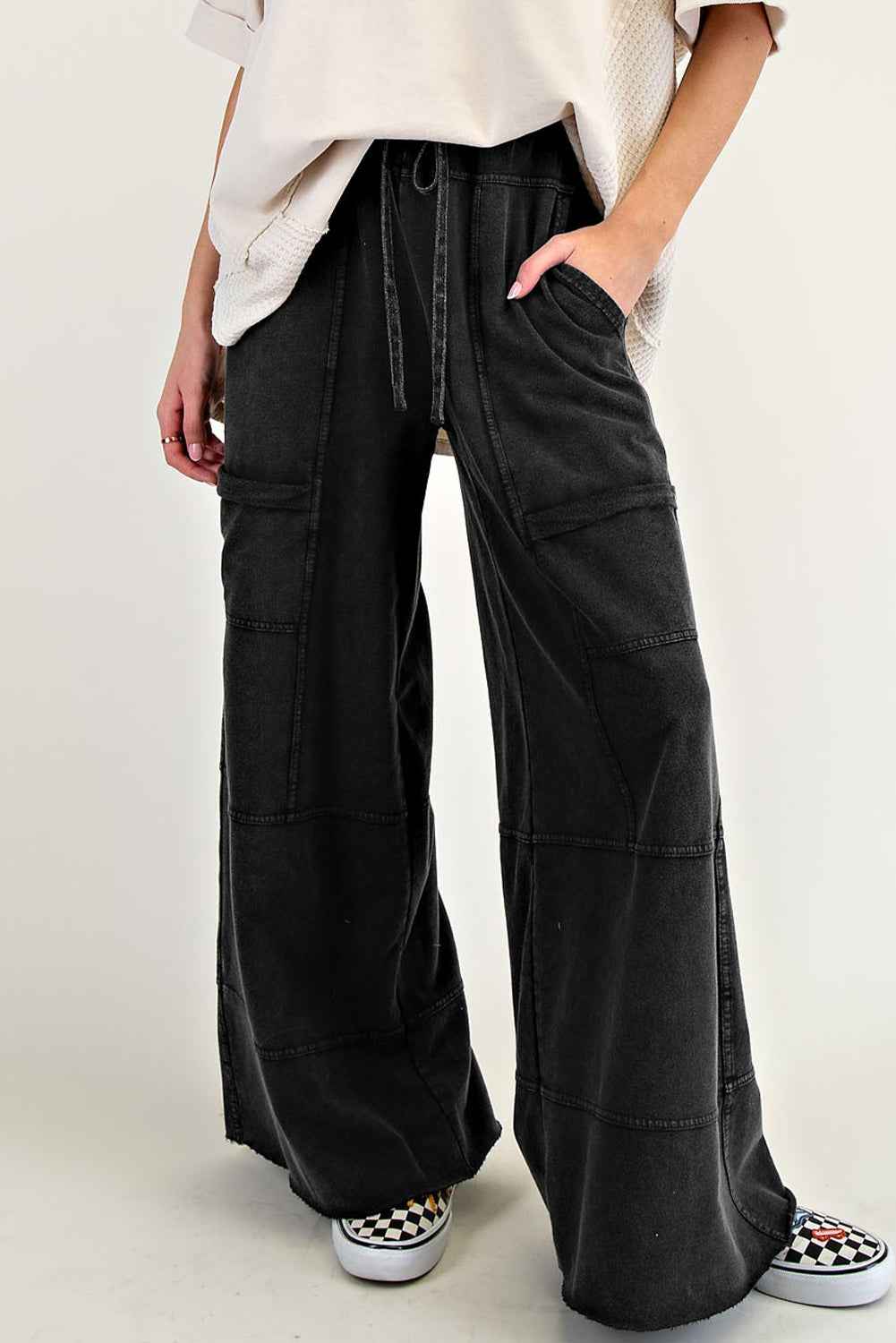 Black Mineral Wash Exposed Seam Wide Leg Cargo Pants Black 100%Cotton efb9d1054f01fd5c