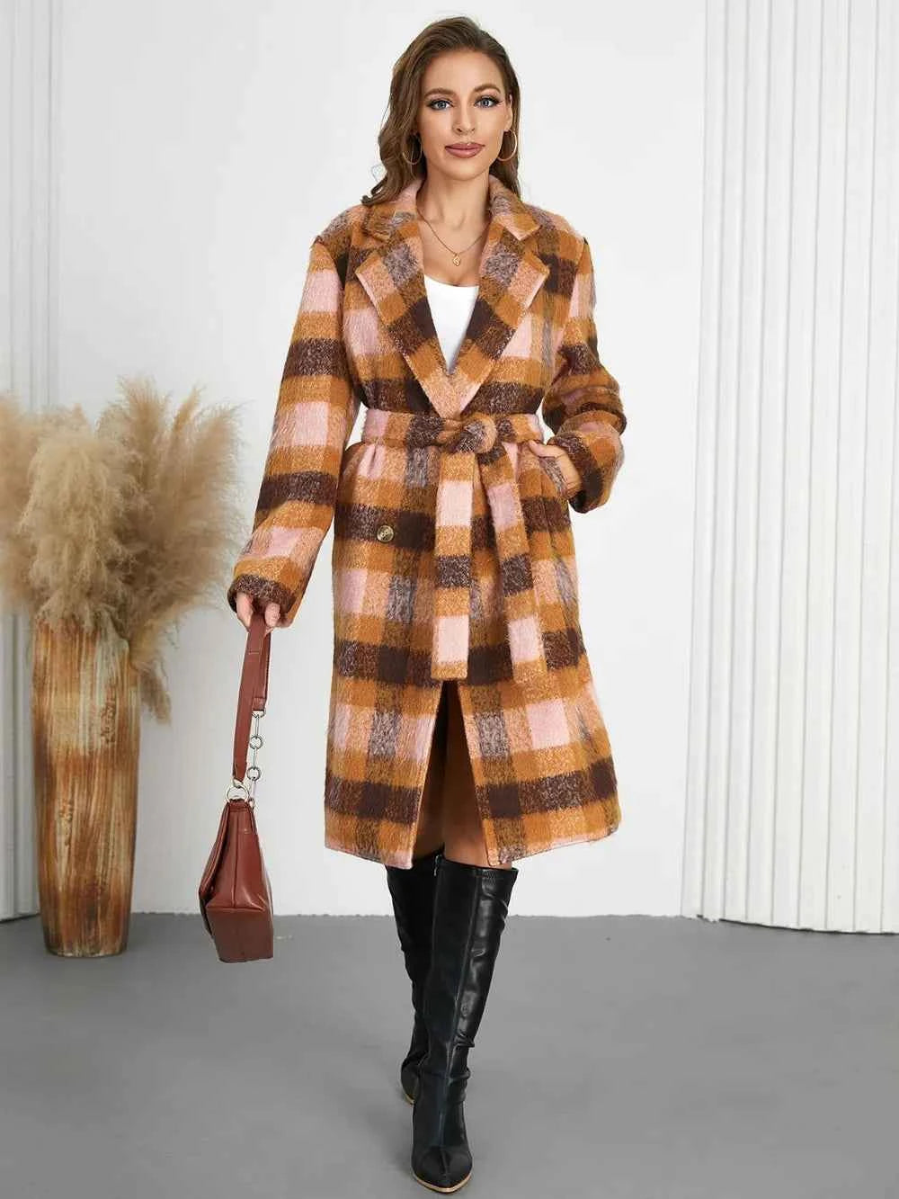 Tied Plaid Collared Neck Coat Watermelon pink efcc44d1-4cc0-42cf-8f63-b933a7f66da4-Max