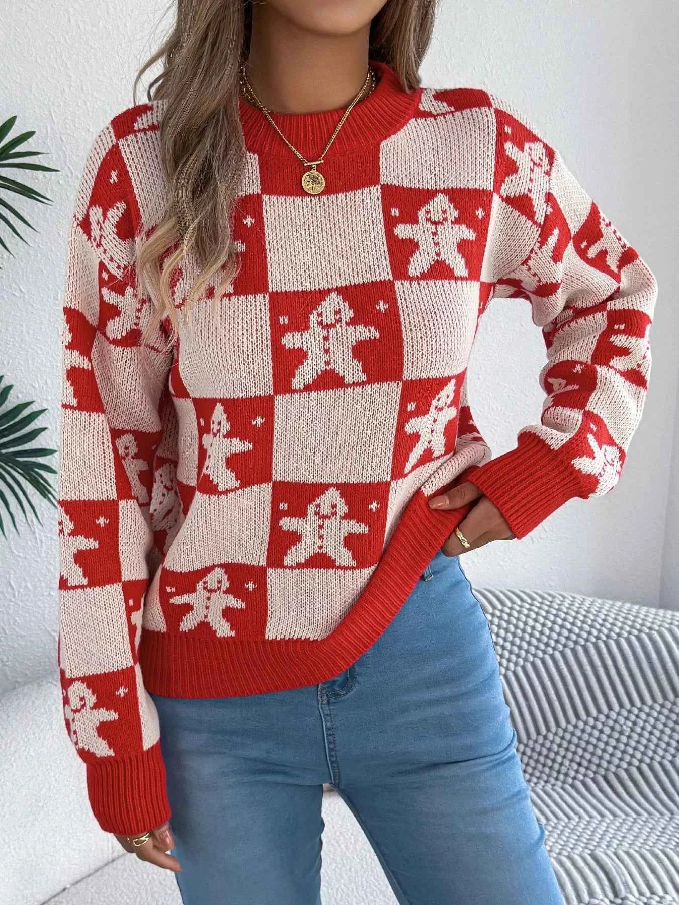 Christmas Checkerboard Gingerbread Round Neck Sweater f0040ede-db38-460a-a4ad-ed4793ff4187-Max-Origin