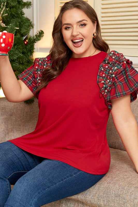 Plus Size Christmas Plaid Pearl Ruffle Sleeve Holi f03974d5-e157-4e10-a57b-951616185f72