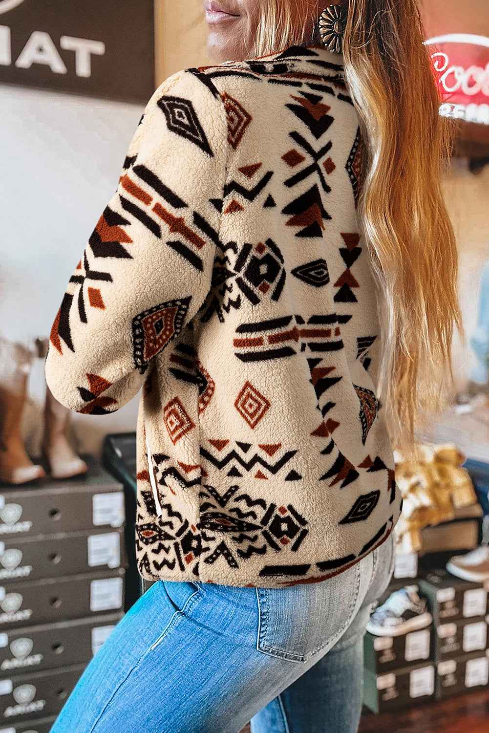 Beige Vintage Geometric Half Zip Plush Sweatshirt f0497a322ab33d05