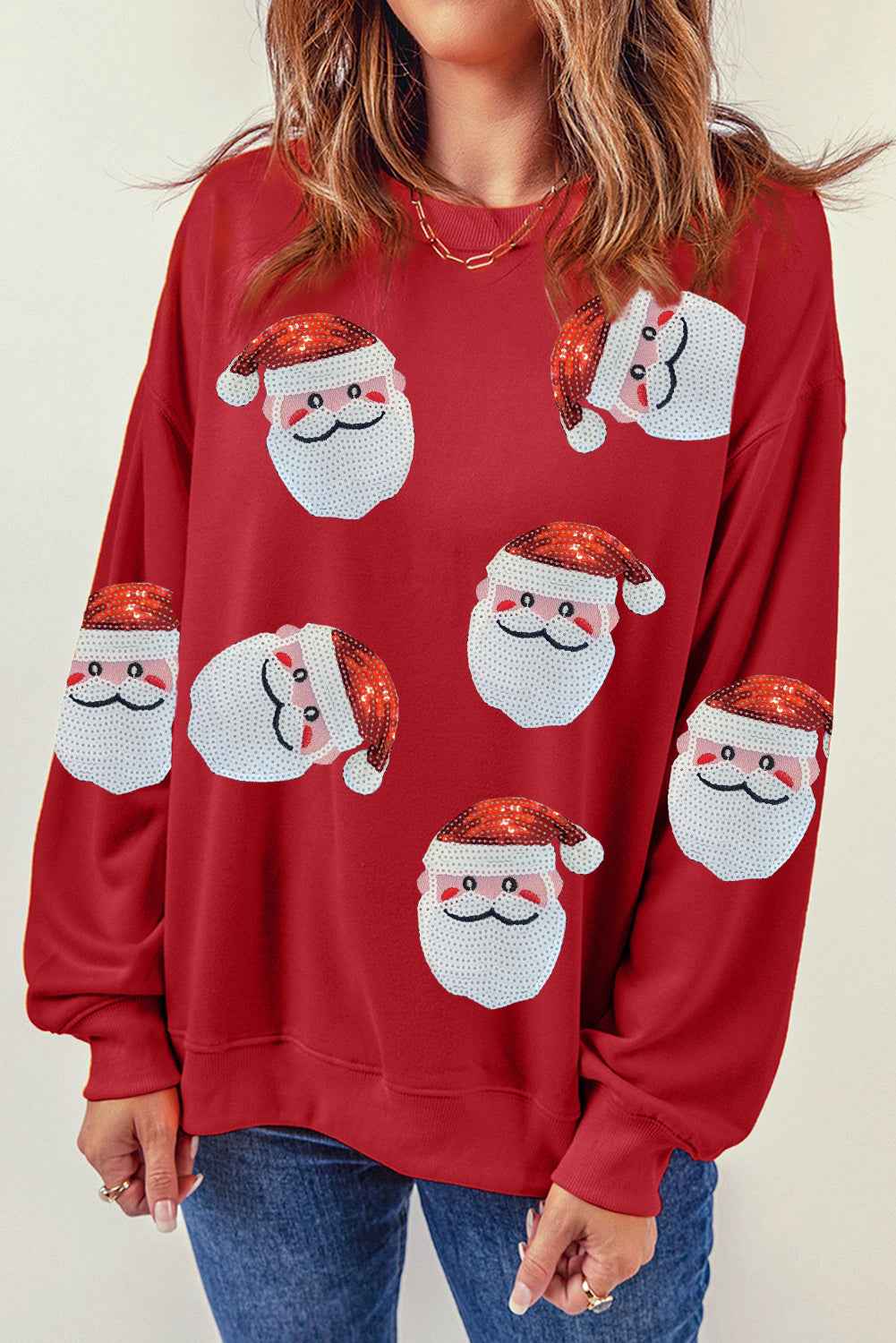 Red Sequins Santa Claus Graphic Christmas Sweatshirt Red-2 70%Polyester+30%Cotton f07507b98c3300a9