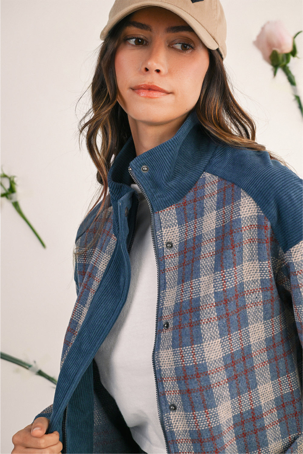 Gray Plaid Corduroy Patchwork Collared Zip Up Snap Button Jacket f09732b705ce372c