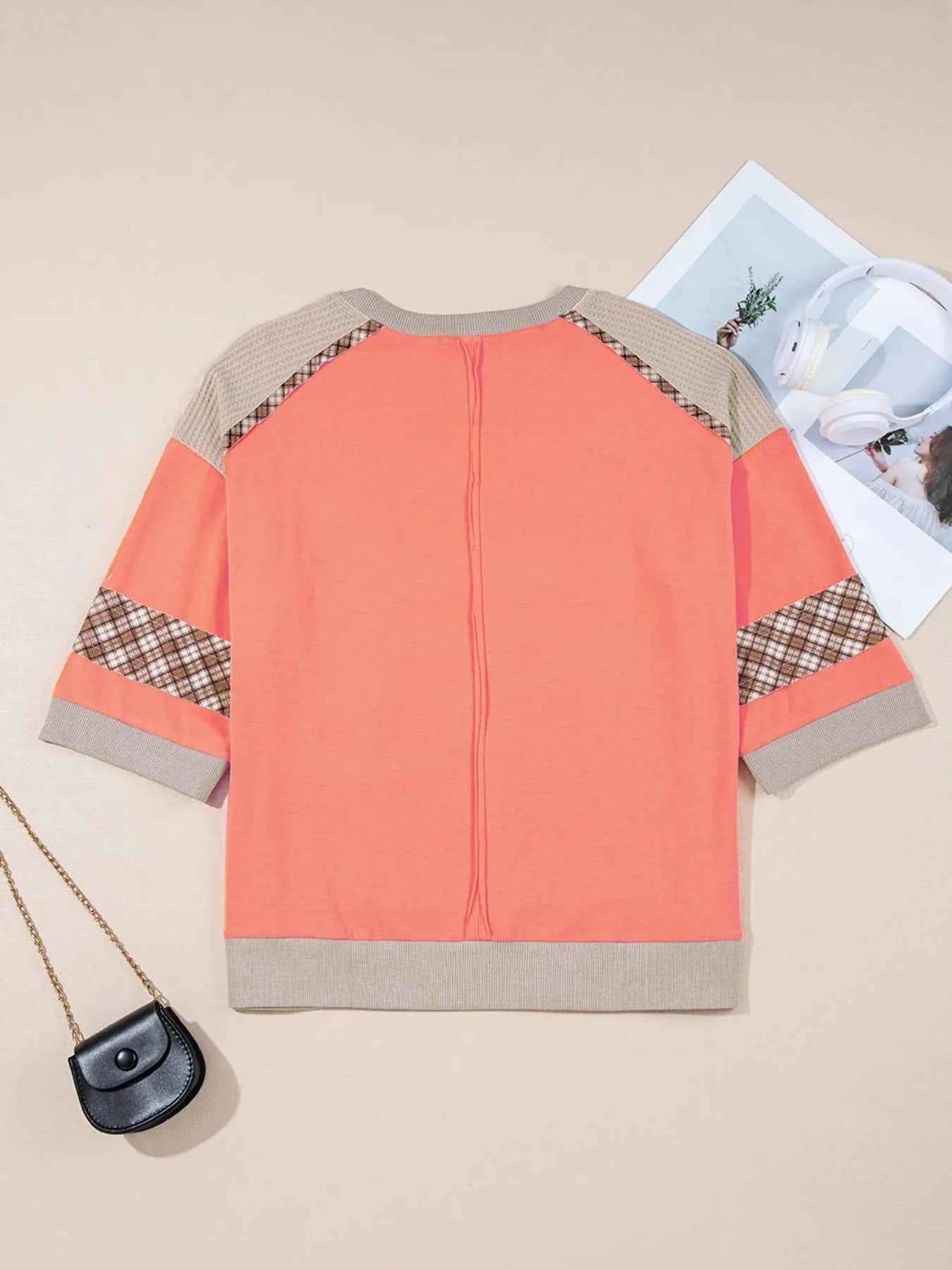 Plaid Waffle Flower Patchwork Contrast Top f11fd82a29764fc1aa85f8f26b33cbb8-Max-Origin