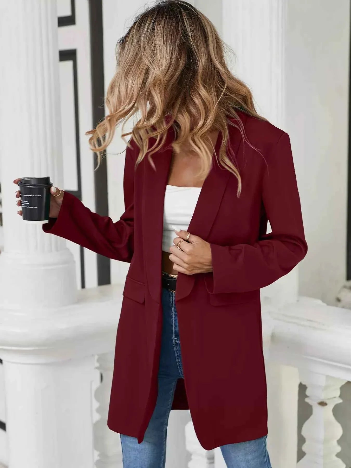 Lapel Collar Long Sleeve Blazer Burgundy f12da4c6-3f1f-4e6b-bb9e-8f1cc2faba04-Max-Origin