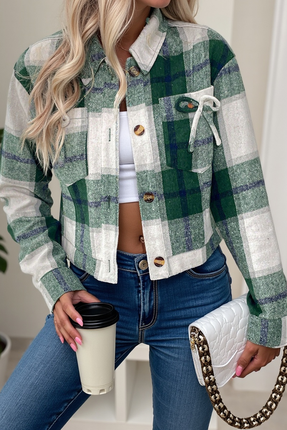 Green Plaid Flap Pocket Cropped Shacket Green f1ba8508b85646ea