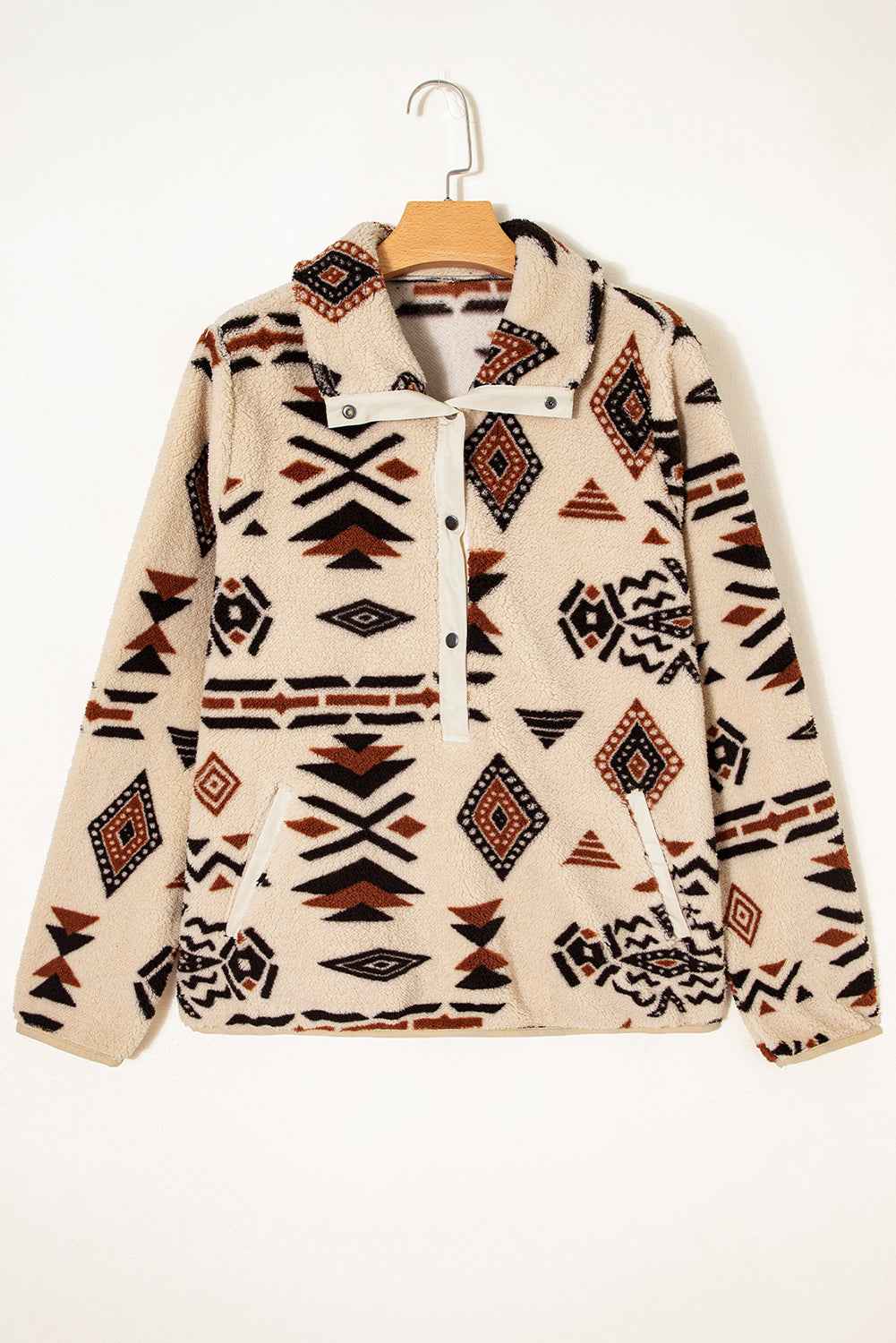 Beige Vintage Geometric Half Zip Plush Sweatshirt f1eb0382883b5756