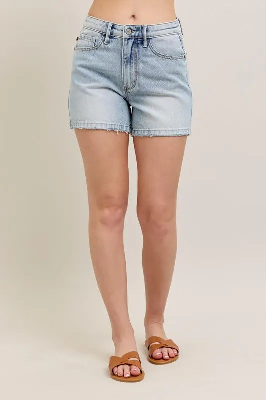 Judy Blue Full Size Frayed Hem High Rise Denim Shorts with Pockets Plus Size f210a1c1-6005-4d25-98d1-e8990cf0cde1-Max