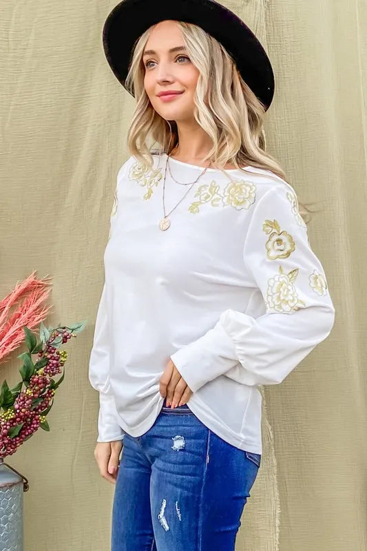 And The Why Flower Gold Embroidery Shoulder Detailed Top f215822e26704adfb5226b2e319969cc-Max-Origin