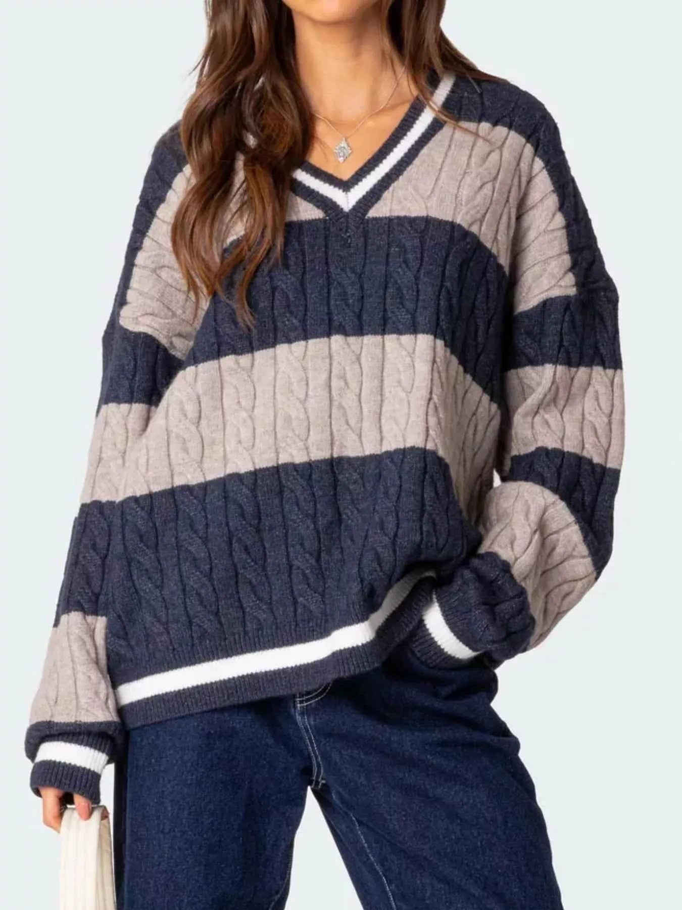 Striped Cable Knit V-Neck Sweater f2158b4e-d7a4-41b0-912c-e23c63c87b61-Max-Origin