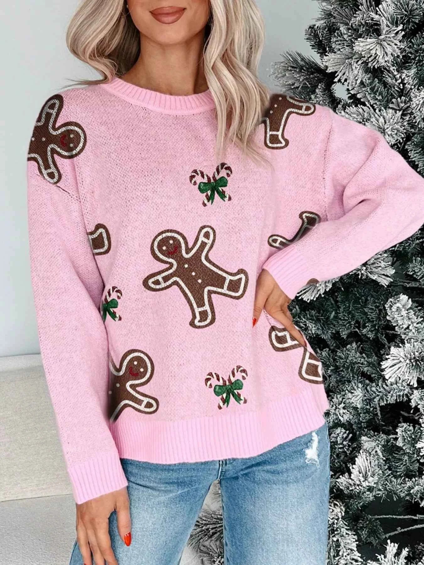 Christmas Ginger Bread Man Round Neck Casual Sweater f22b6642-0bbf-4113-97b1-bfba2231dcaf-Max-Origin