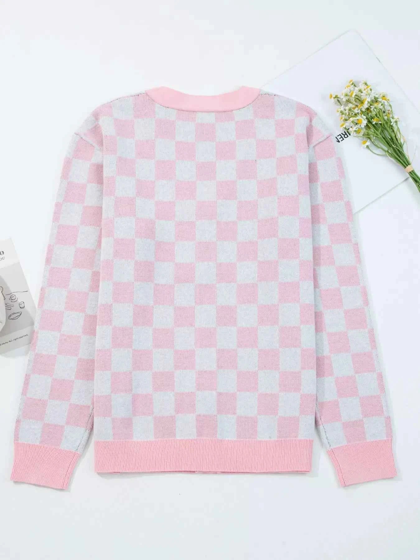 Christmas Tree Pattern Checkered Button V Neck Cardigan f22f4919f5c94cdeb7f15828cb8069cd-Max-Origin