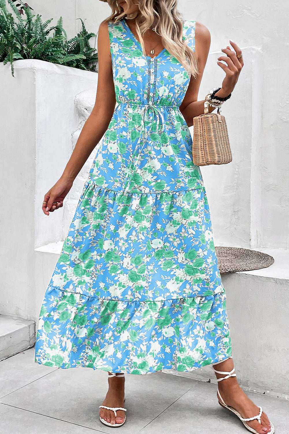 Green Floral Print Trimmed V Neck Sleeveless Vacation Dress f2acb98731b738c8-_9