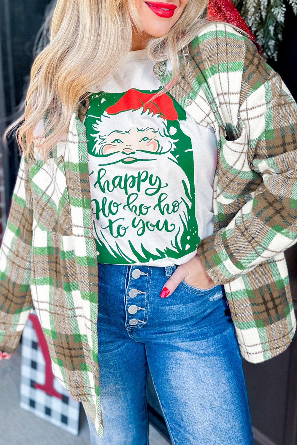 Khaki Christmas Plaid Casual Flannel Shacket Khaki 100%Polyester f2aeaf6f5daaa4a5