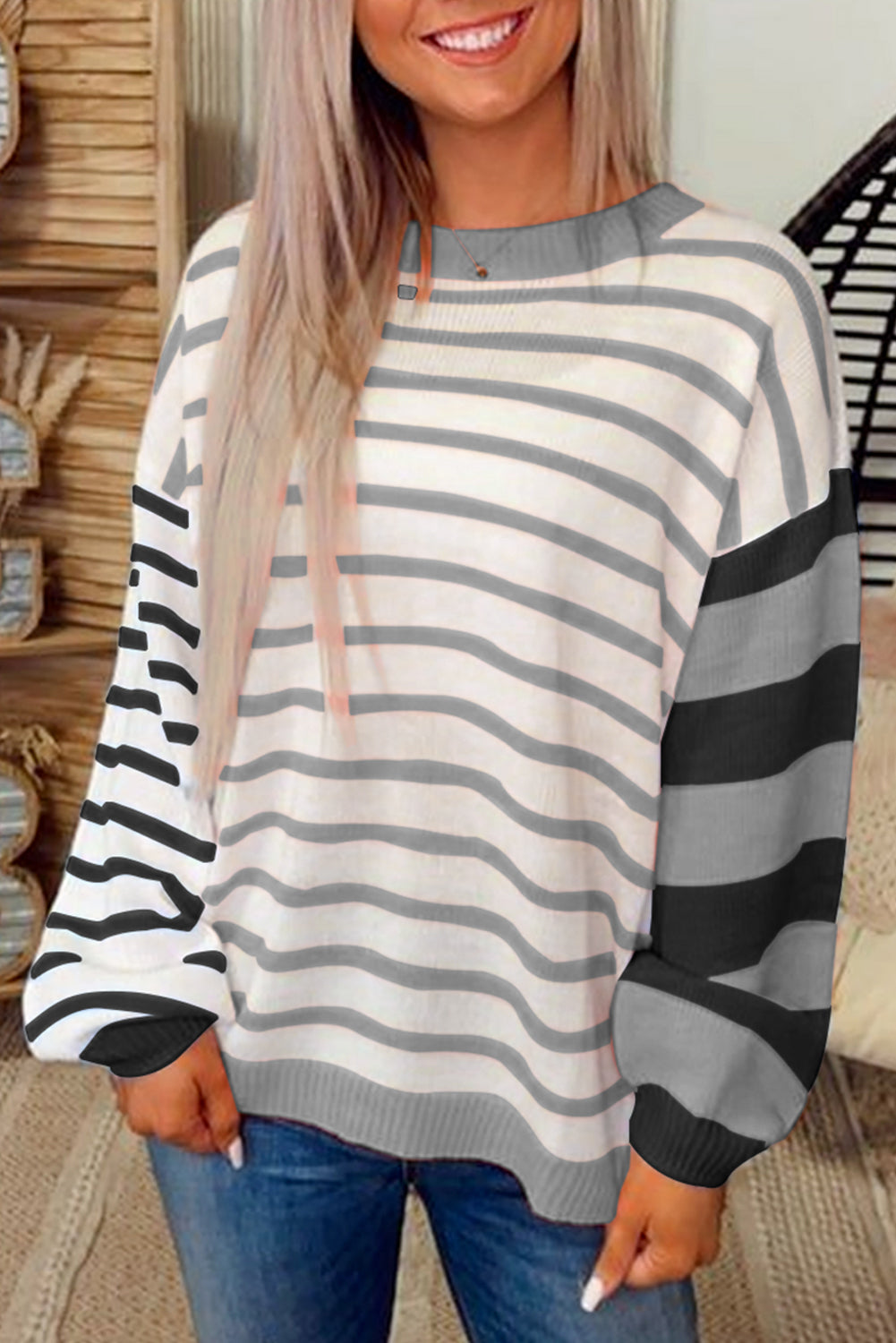 Orange Striped Colorblock Pullover Sweater Gray 50%Viscose+28%Polyester+22%Polyamide f2b986236ce93b85