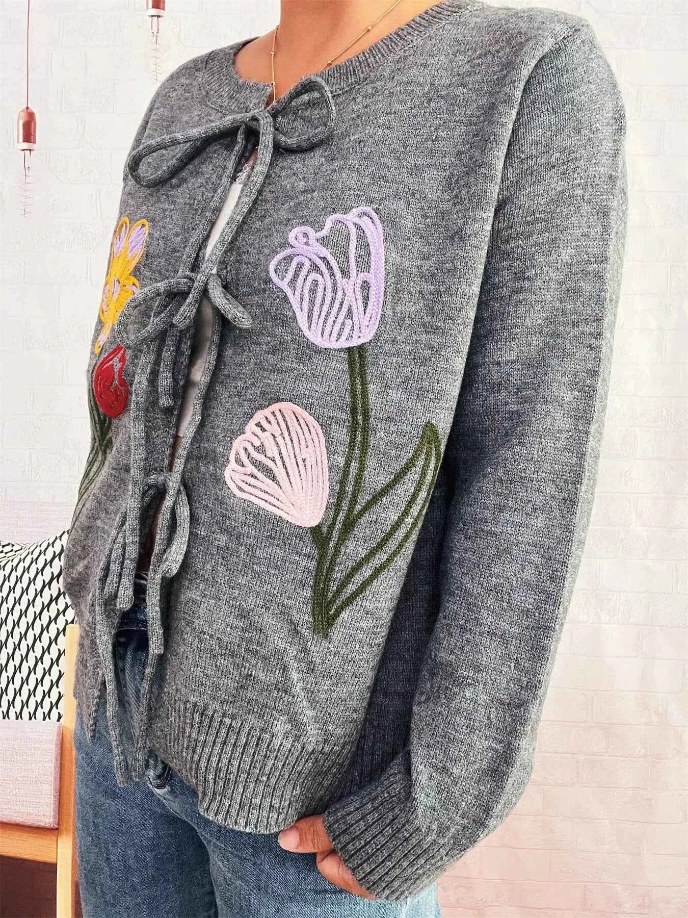 Floral Ribbed Hem Tie Front Cardigan f2c52029b0ad4c21b0a02eae2404056a-Max-Origin