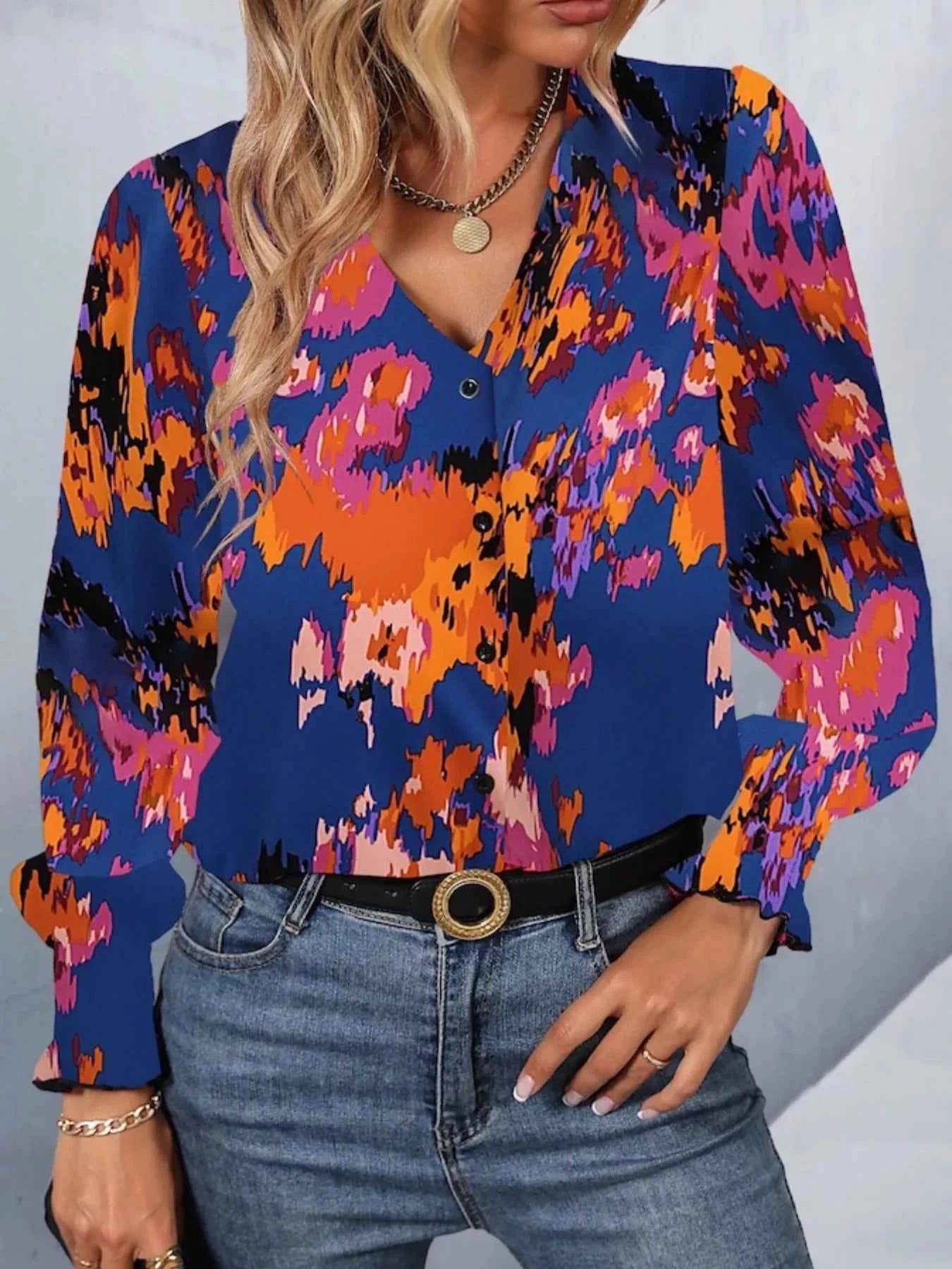 Printed Button Up Long Sleeve Shirt Dark Blue f302ac05-546b-489b-bb1d-fc0b44553d7e-Max-Origin